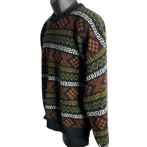 Vintage 90s Pullover Crewneck Sweater XL Black Stretch Knit Geometric Rib Trim - Picture 3 of 6